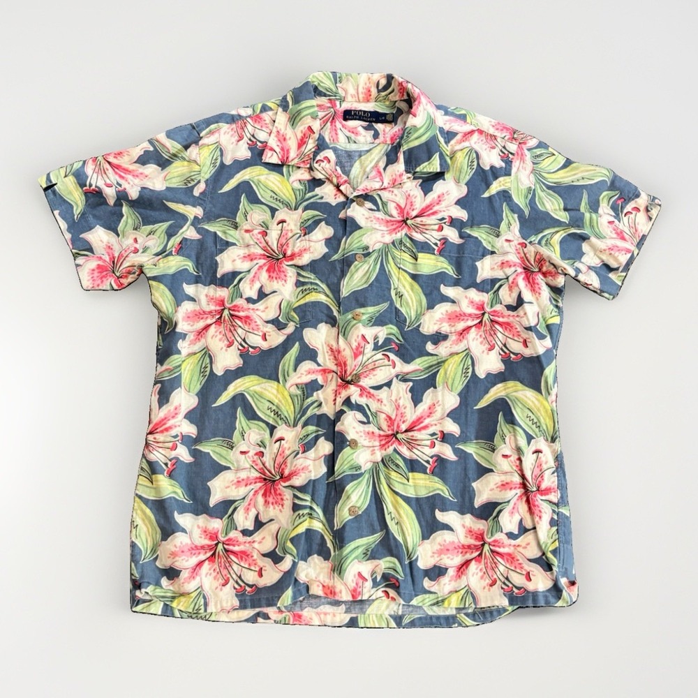 Polo Ralph Lauren Camp Hawaiian Shirt Men's Large Floral Linen Short Sleeve